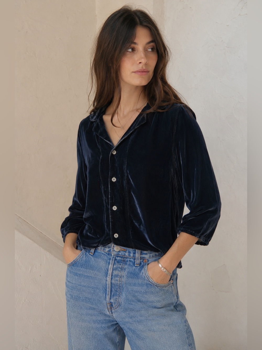 CP Shades Shirt Womens Small Navy Velvet Silk Rayon Blend New
